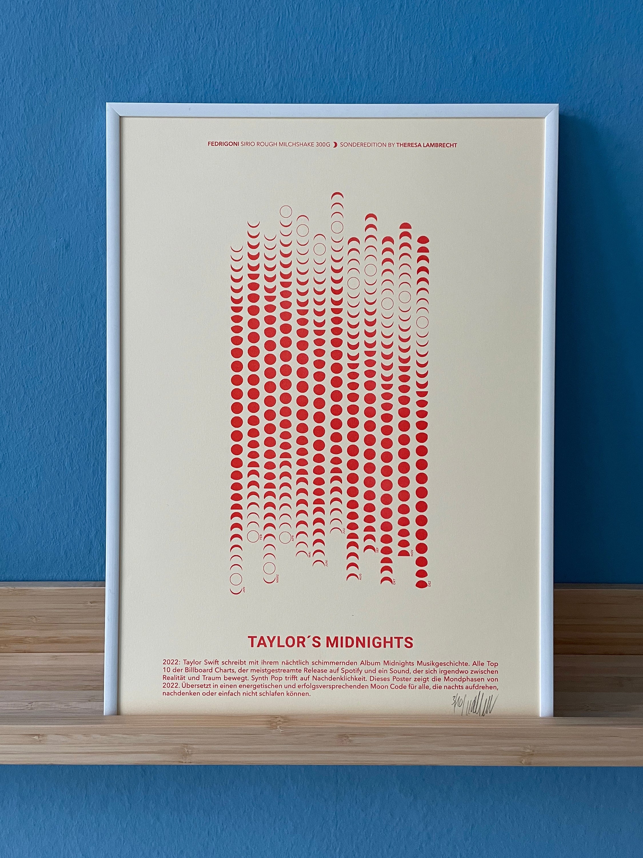 Moon Code Poster der Mondphasen 2022 inspiriert vom Album Midnights von Taylor Swift. Limitierte Künstleredition auf Fedrigoni Milchshake Papier.