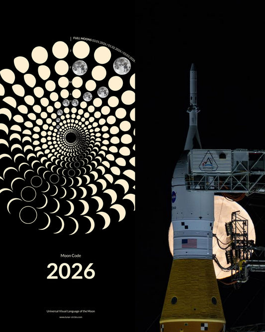 2026 Moon Phase Poster and Artemis Mission lunar rocket. A split design featuring the 2026 lunar spiral on the left and a NASA rocket with the moon in the background on the right. Perfect astronomical tribute to the year of the next moon landing.