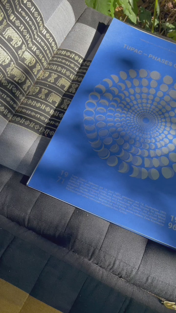 Limitierte A3 Kunstedition der Mondphasen 1971 und 1996, gewidmet Tupac Shakur. Riso-Druck auf Fedrigoni Papier. Moon Code Design von Theresa Lambrecht.