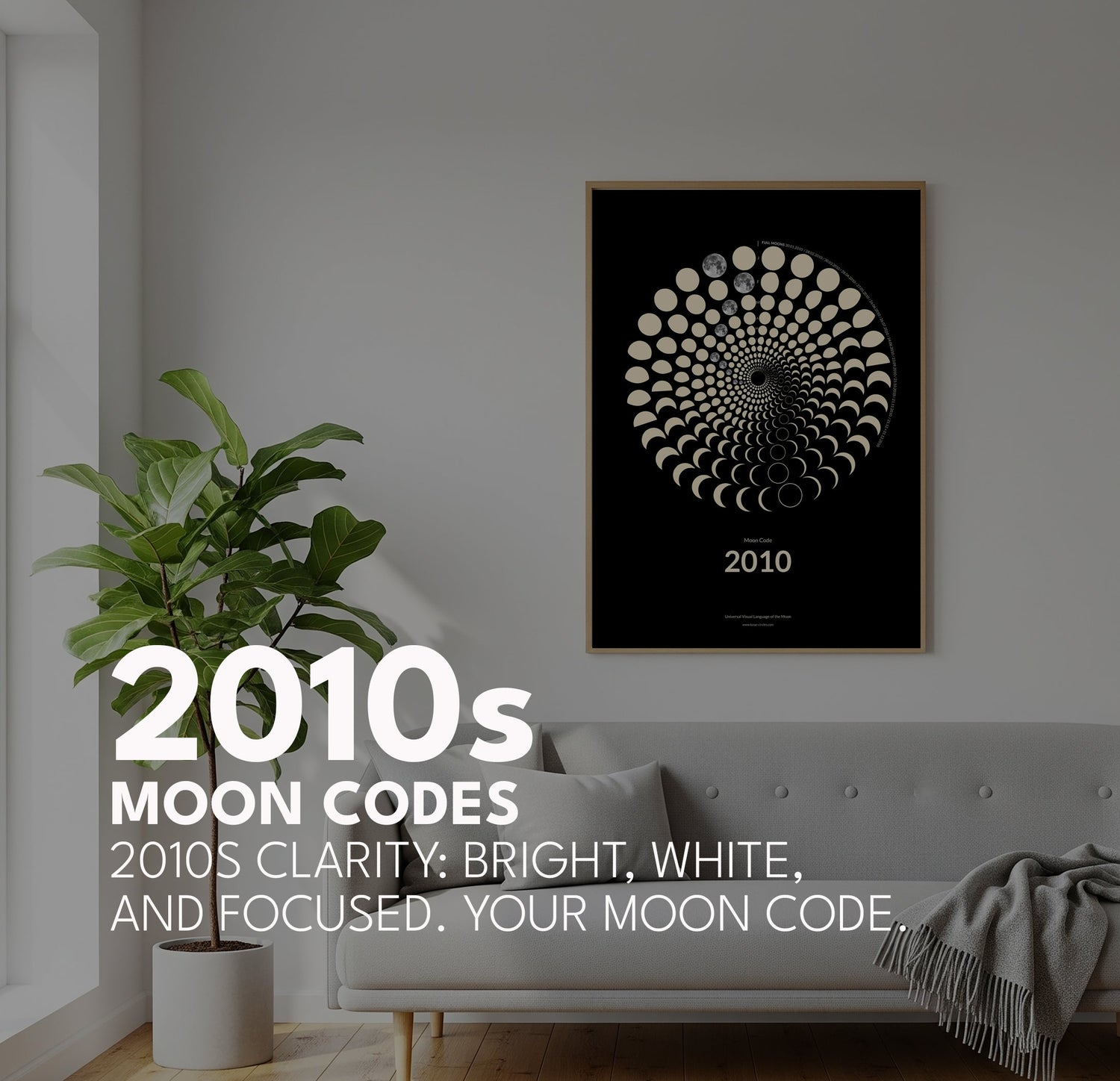 Modern 2010s Moon Code art, digital tides lunar movement print, Japandi style interior wall art, personalized wedding gift, made in Germany.