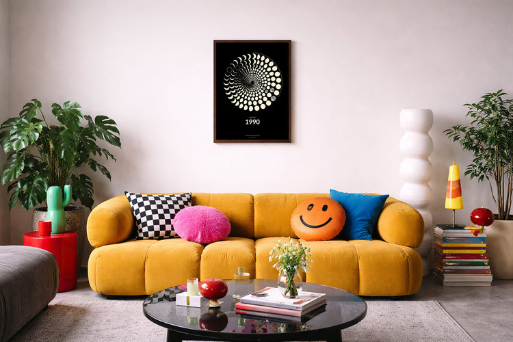 Full collection of personalized Moon Code art prints from 1960 to 2030, minimalist black and white lunar phase posters, unique birth year and anniversary gifts, designed and printed in Berlin.