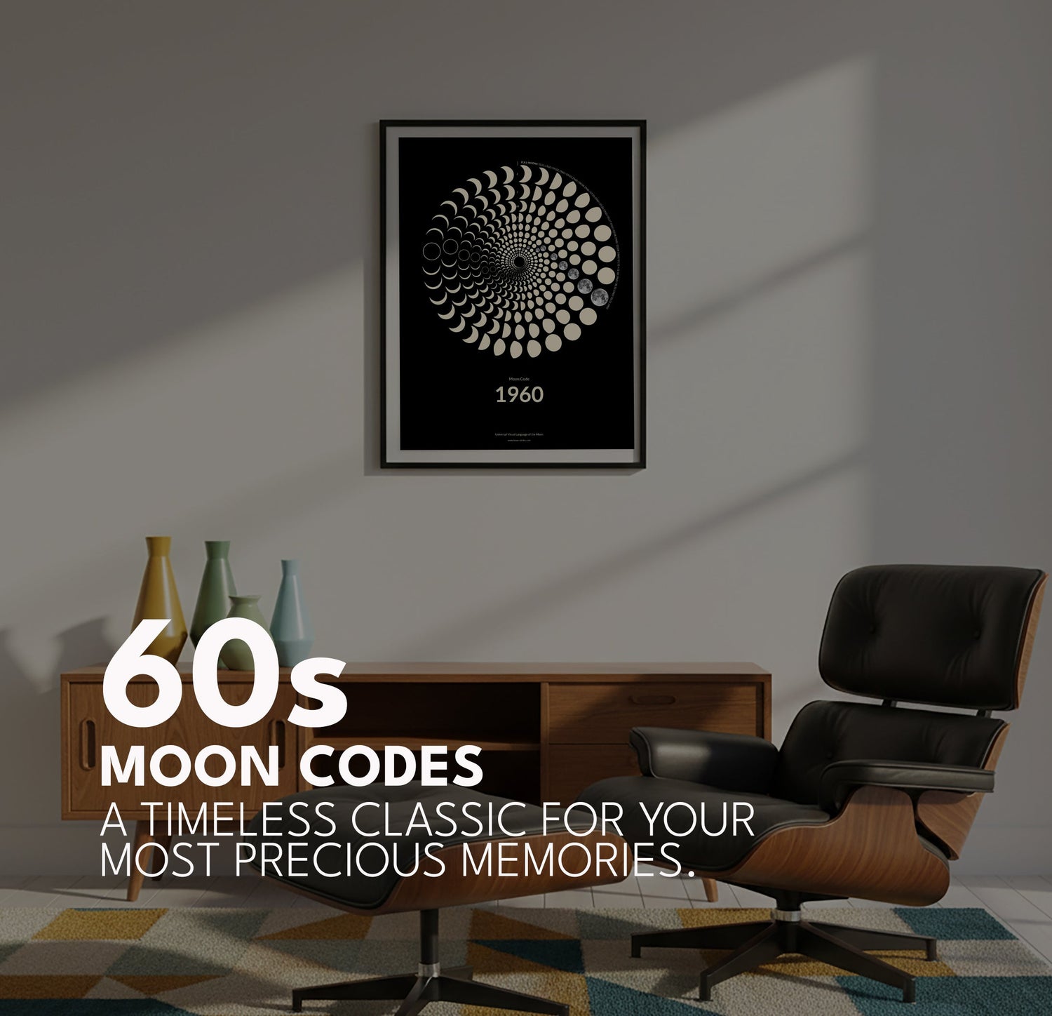 Minimalist 1960s Moon Code poster, Space Age heritage art print, black and white lunar phases, unique gift for 60th birthdays, Berlin design.