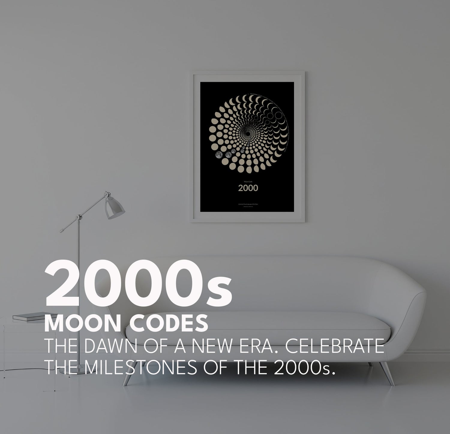 Contemporary 2000s Moon Code poster, digital dawn lunar signature, modern minimalist home decor, unique 21st birthday gift idea, museum-grade quality.