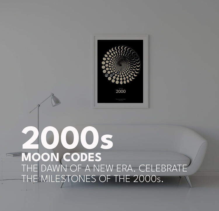 Contemporary 2000s Moon Code poster, digital dawn lunar signature, modern minimalist home decor, unique 21st birthday gift idea, museum-grade quality.