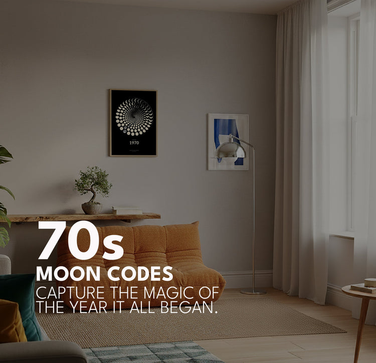 Vintage 1970s Moon Code art print, cosmic exploration lunar circle, minimalist wall decor, personalized milestone gift, designed and printed in Berlin.