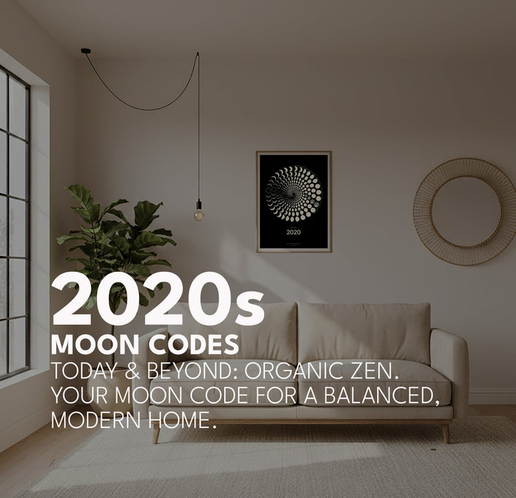 2020s Moon Code poster in a modern living room, organic zen interior design, future heritage lunar art, unique newborn or milestone gift, Berlin moon art.