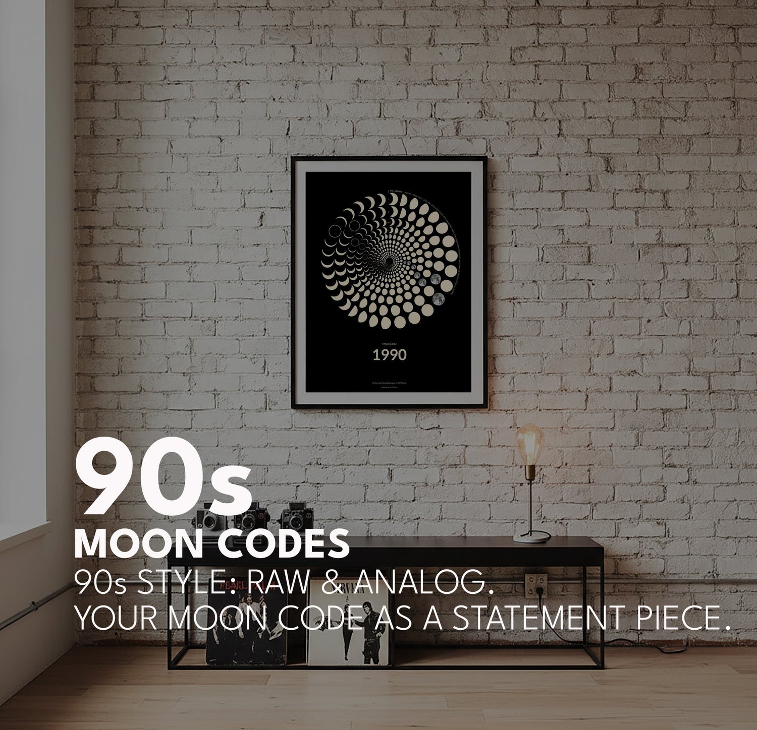 Industrial 1990s Moon Code art print, analogue souls lunar phases, minimalist loft style wall art, personalized birth year poster, Berlin studio print.