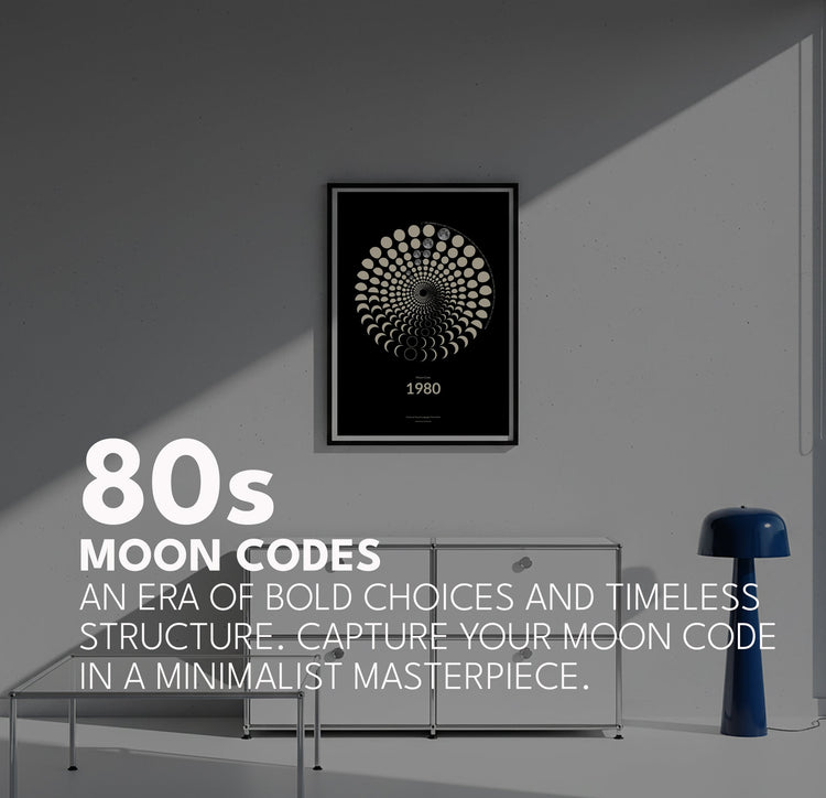 lectric 1980s Moon Code poster, bold vintage lunar cycle art, A3 fine art print, unique anniversary gift, high-precision astronomical data design.