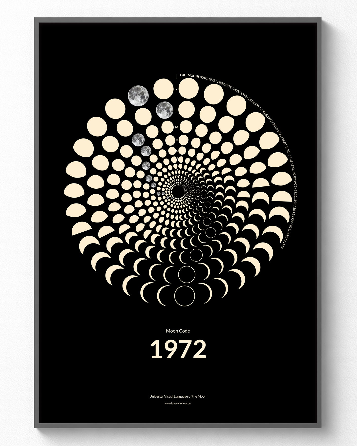1972 Moon Code Poster gerahmt – Vintage Glow Collection A3 Wandbild mit Mondphasen des Jahres 1972