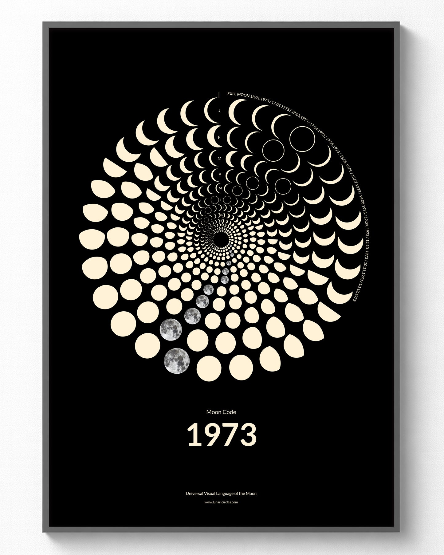 1973 Moon Code Poster gerahmt – Vintage Glow Collection A3 Wandbild mit Mondphasen des Jahres 1973