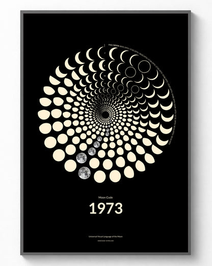 1973 Moon Code Poster gerahmt – Vintage Glow Collection A3 Wandbild mit Mondphasen des Jahres 1973