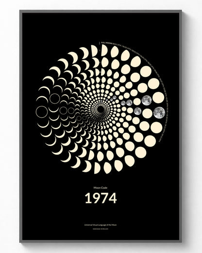 1974 Moon Code Poster gerahmt – Vintage Glow Collection A3 Wandbild mit Mondphasen des Jahres 1974