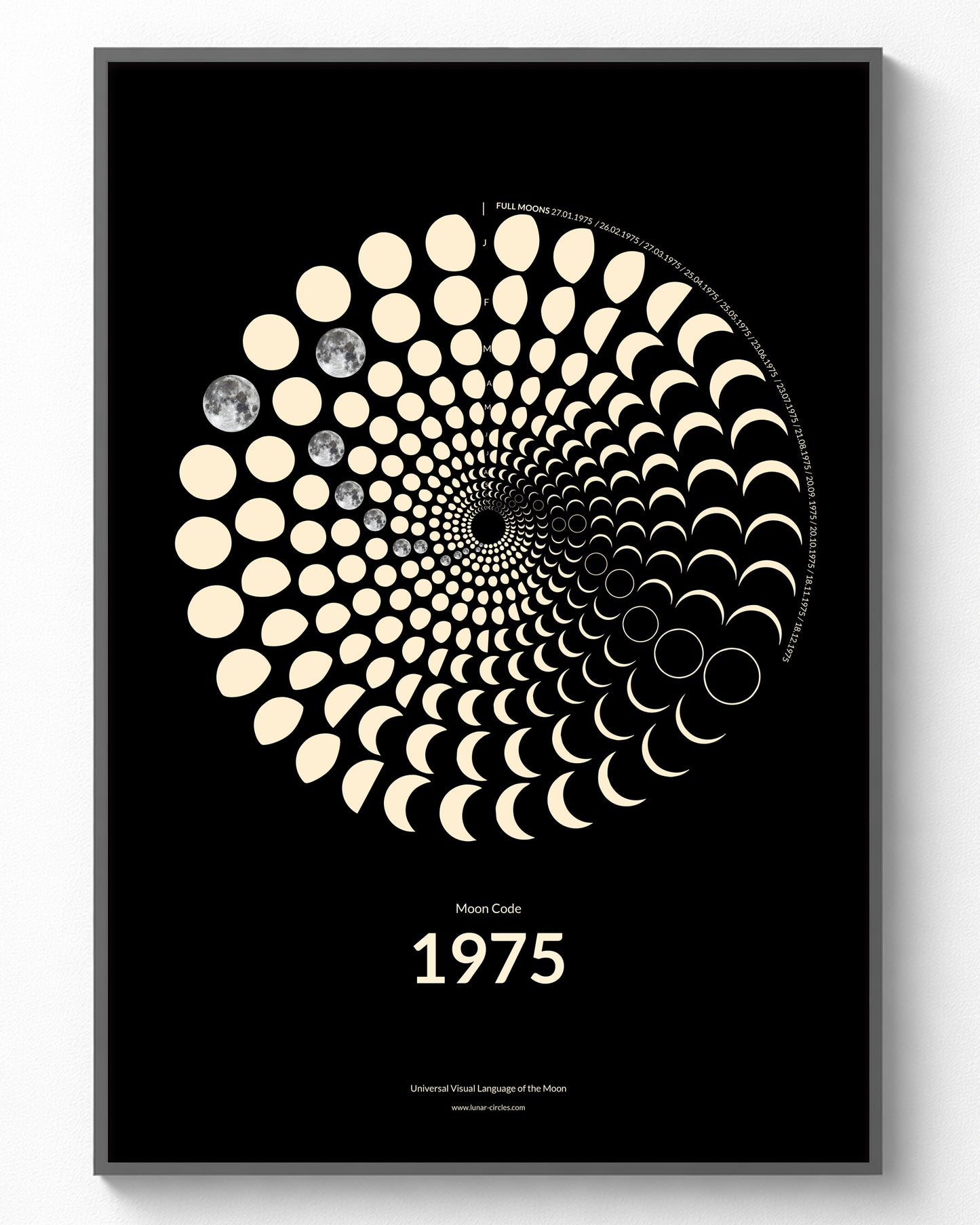 1975 Moon Code Poster gerahmt – Vintage Glow Collection A3 Wandbild mit Mondphasen des Jahres 1975