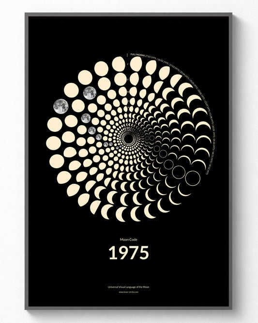1975 Moon Code Poster gerahmt – Vintage Glow Collection A3 Wandbild mit Mondphasen des Jahres 1975