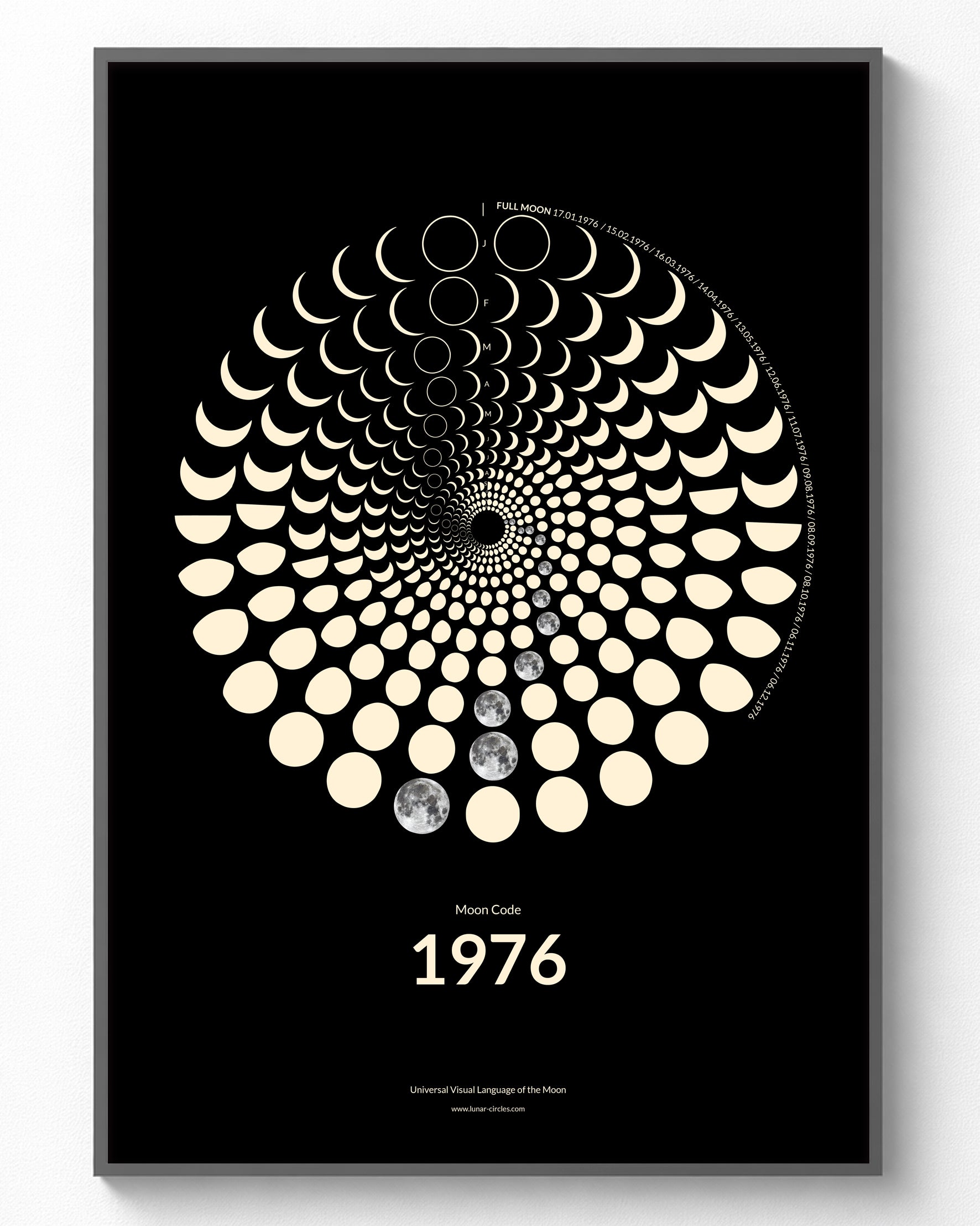1976 Moon Code Poster gerahmt – Vintage Glow Collection A3 Wandbild mit Mondphasen des Jahres 1976