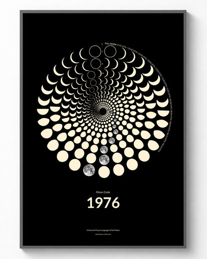 1976 Moon Code Poster gerahmt – Vintage Glow Collection A3 Wandbild mit Mondphasen des Jahres 1976