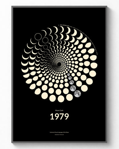 1979 Moon Code Poster gerahmt – Vintage Glow Collection A3 Wandbild mit Mondphasen des Jahres 1979