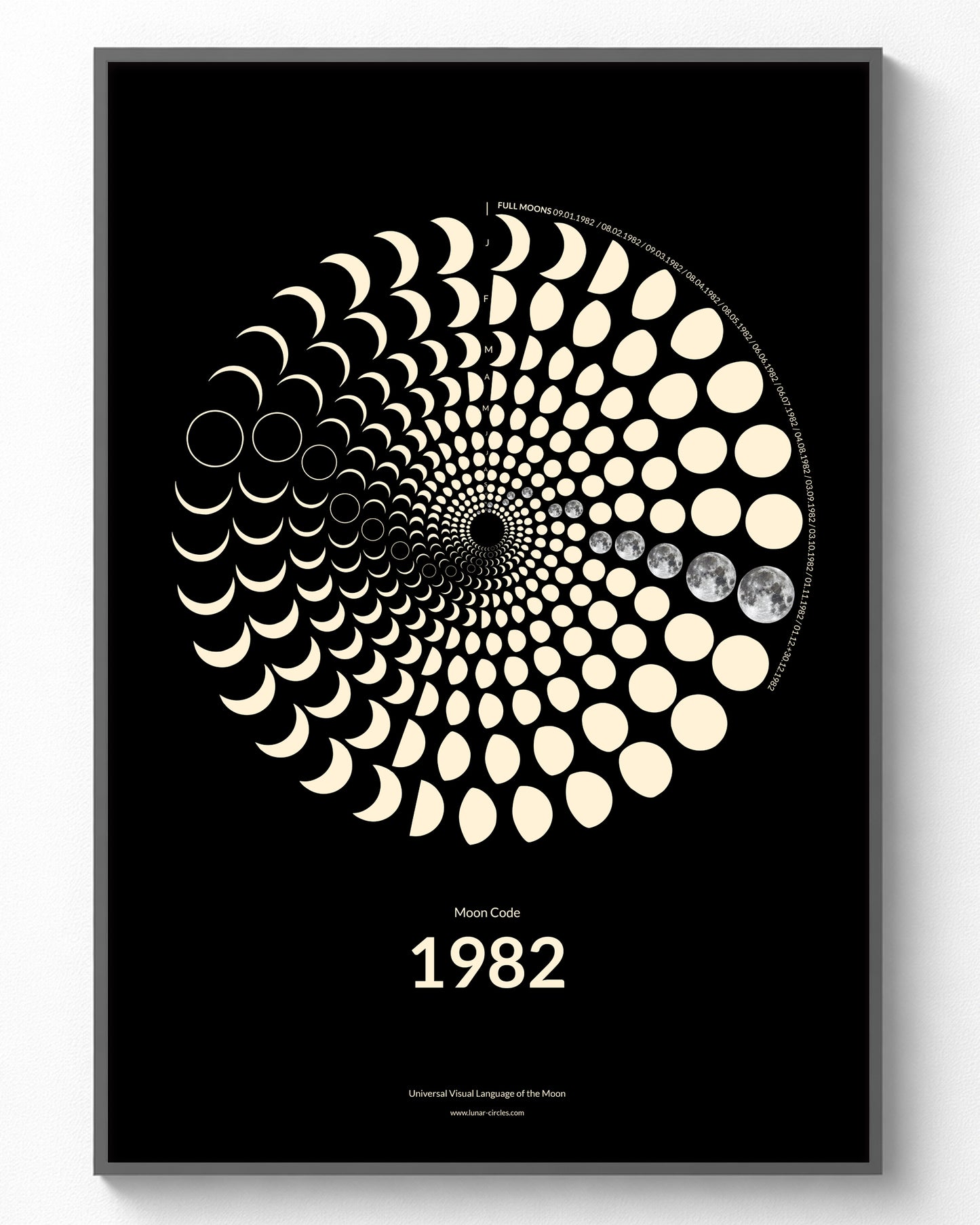1982 Moon Code Poster im Rahmen – Minimalistisches Mondphasen Design