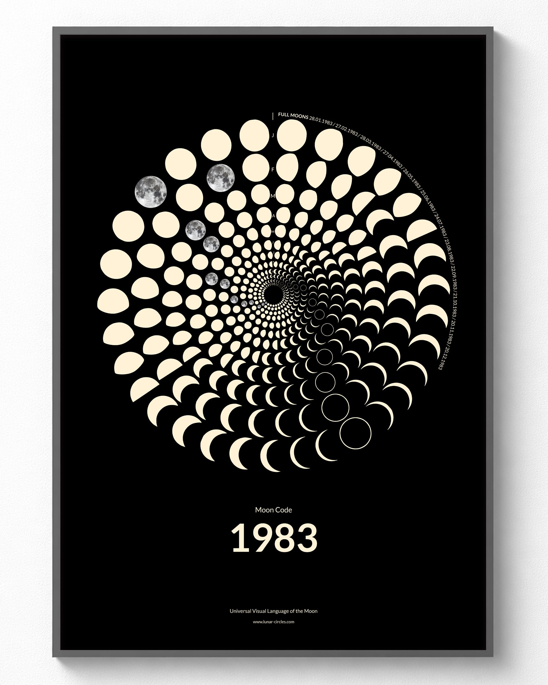 1983 Moon Code Poster im Rahmen – Minimalistisches Mondphasen Design
