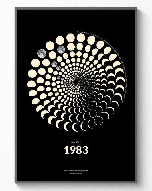 1983 Moon Code Poster im Rahmen – Minimalistisches Mondphasen Design