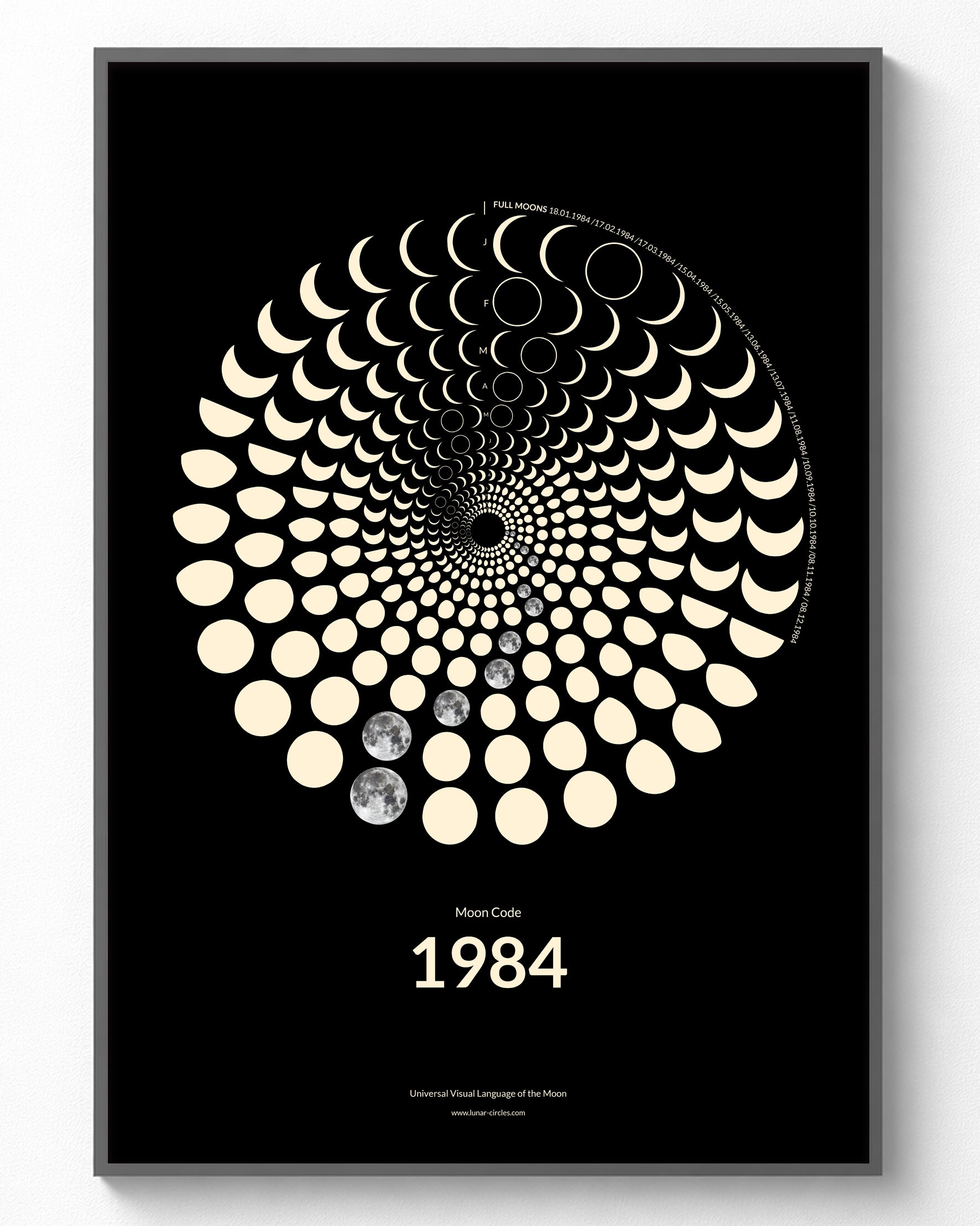 1984 Moon Code Poster im Rahmen – Minimalistisches Mondphasen Design