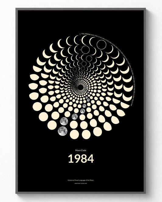 1984 Moon Code Poster im Rahmen – Minimalistisches Mondphasen Design