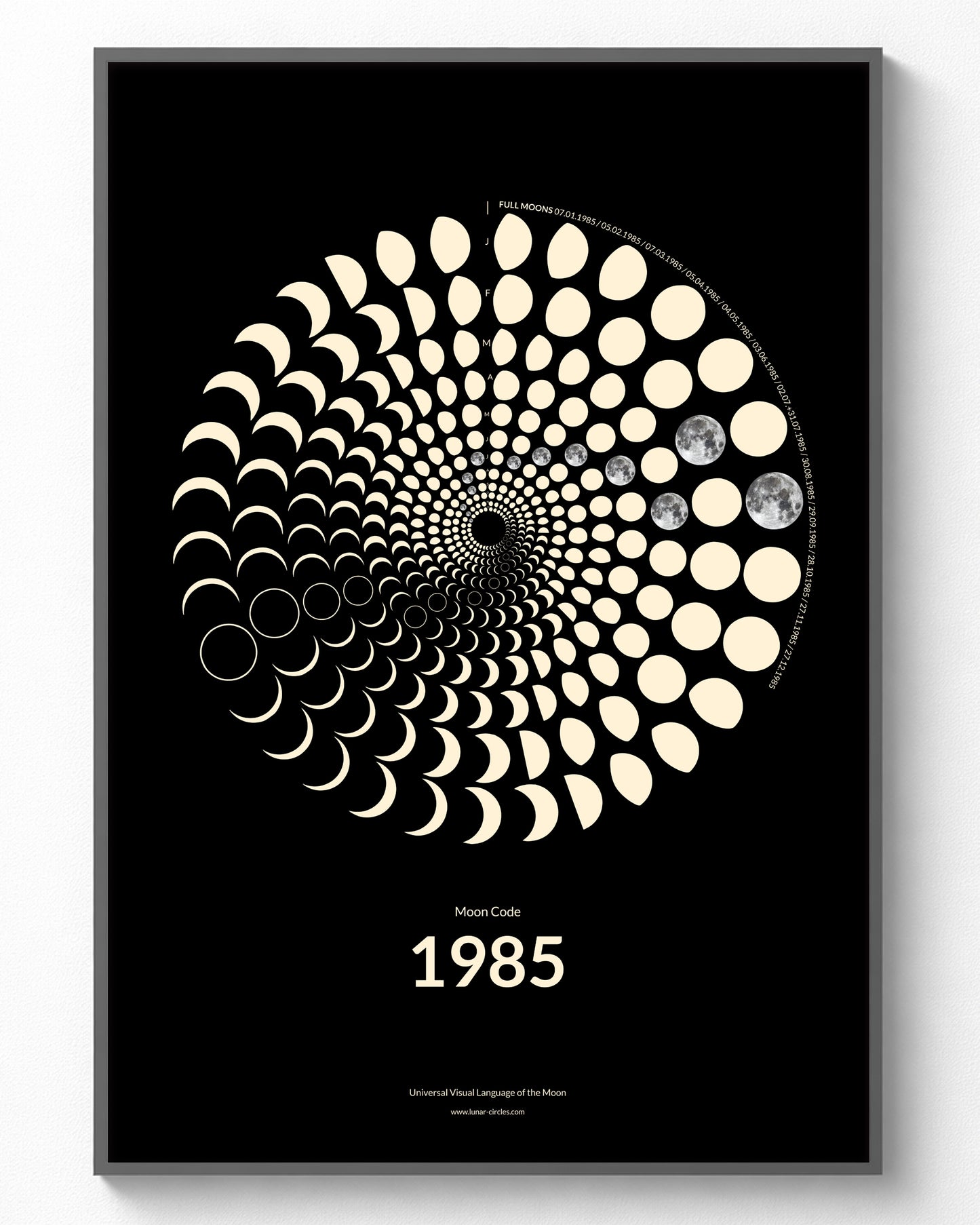 1985 Moon Code Poster im Rahmen – Minimalistisches Mondphasen Design