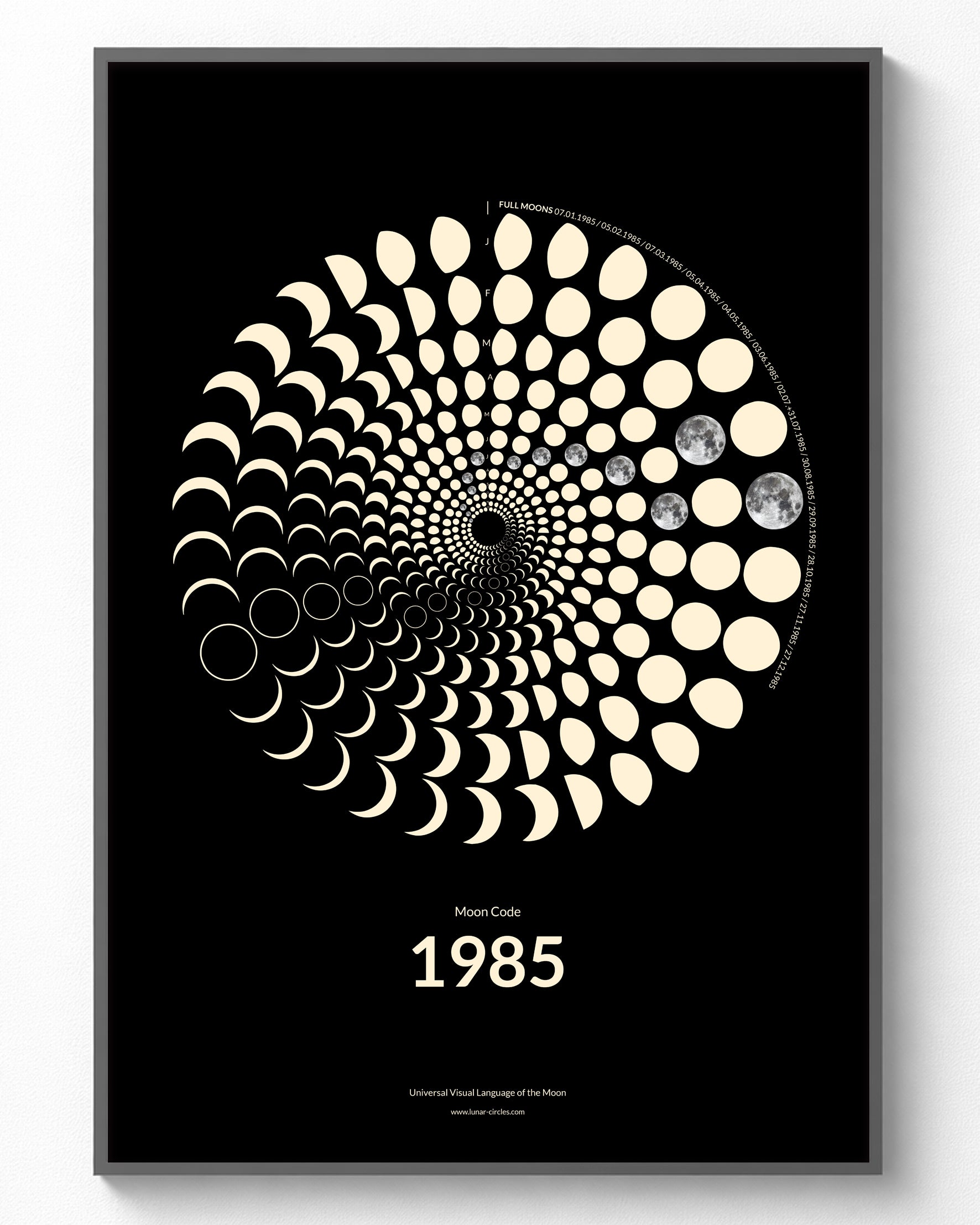 1985 Moon Code Poster im Rahmen – Minimalistisches Mondphasen Design