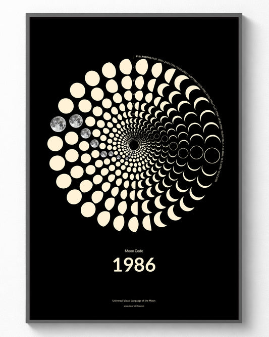 1986 Moon Code Poster im Rahmen – Minimalistisches Mondphasen Design