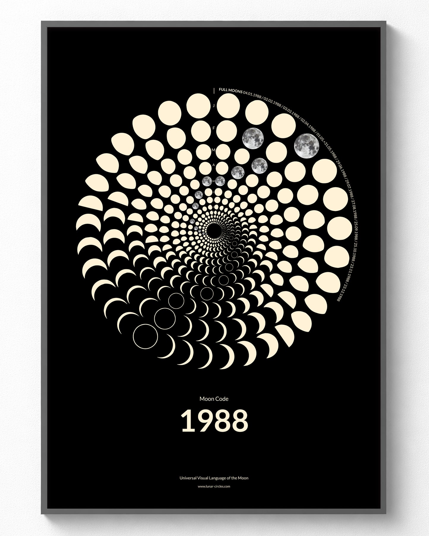 1988 Moon Code Poster im Rahmen – Minimalistisches Mondphasen Design