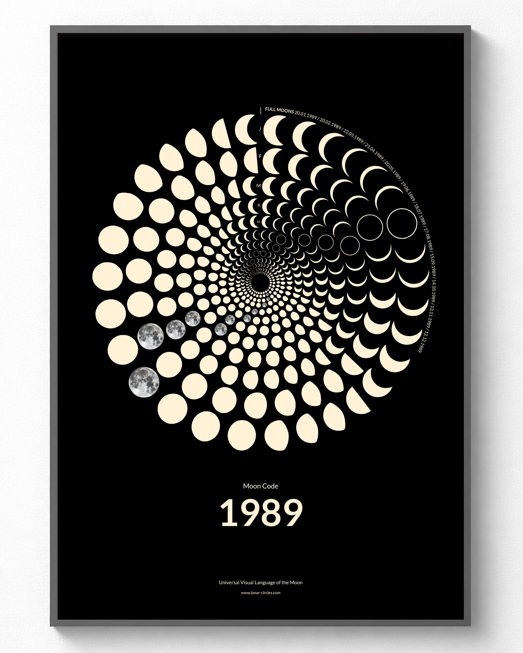 1989 Moon Code Poster im Rahmen – Minimalistisches Mondphasen Design
