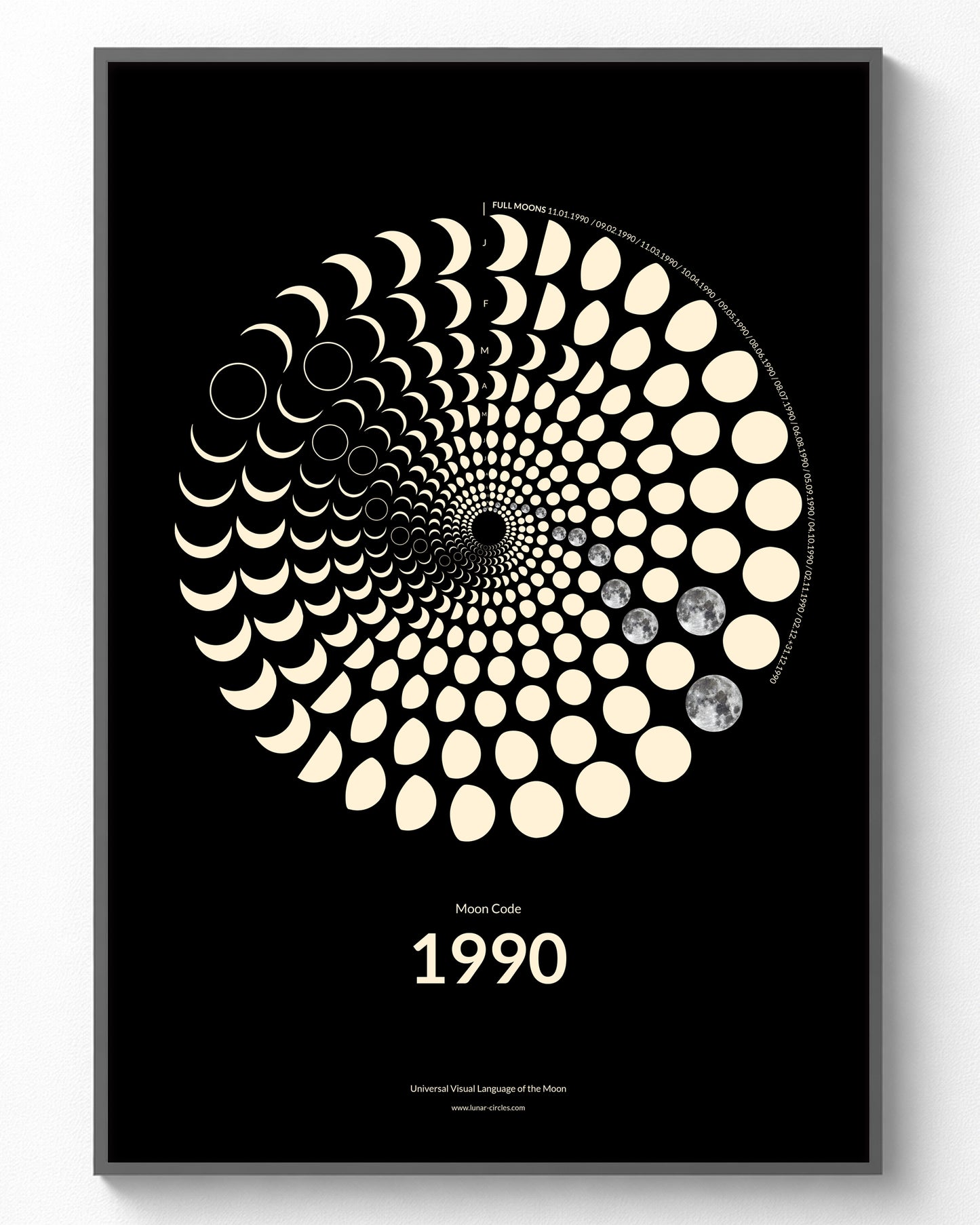1990 Moon Code Poster im Rahmen – Minimalistisches Mondphasen Design für Geburtstag und Jahrestag