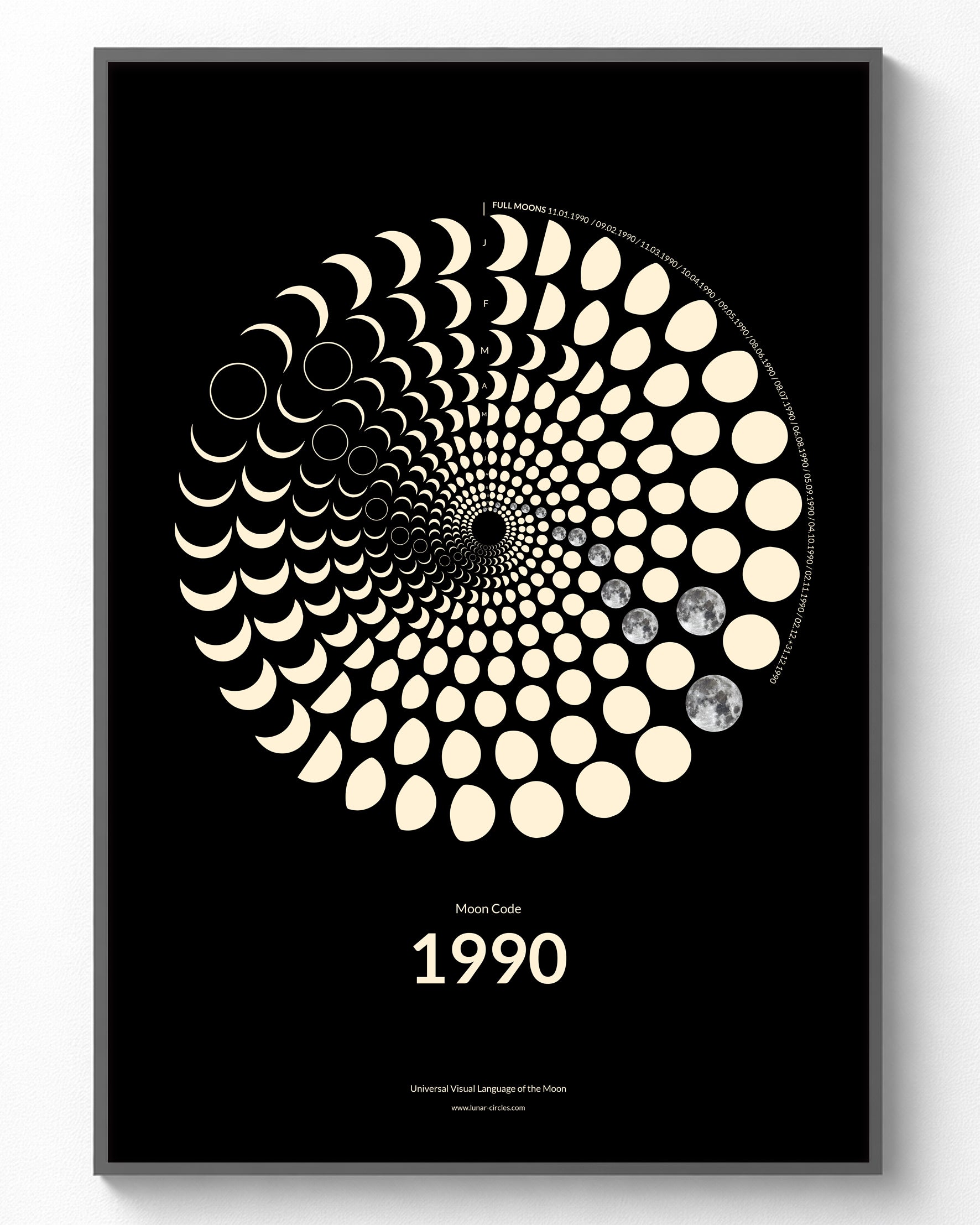 1990 Moon Code Poster im Rahmen – Minimalistisches Mondphasen Design für Geburtstag und Jahrestag
