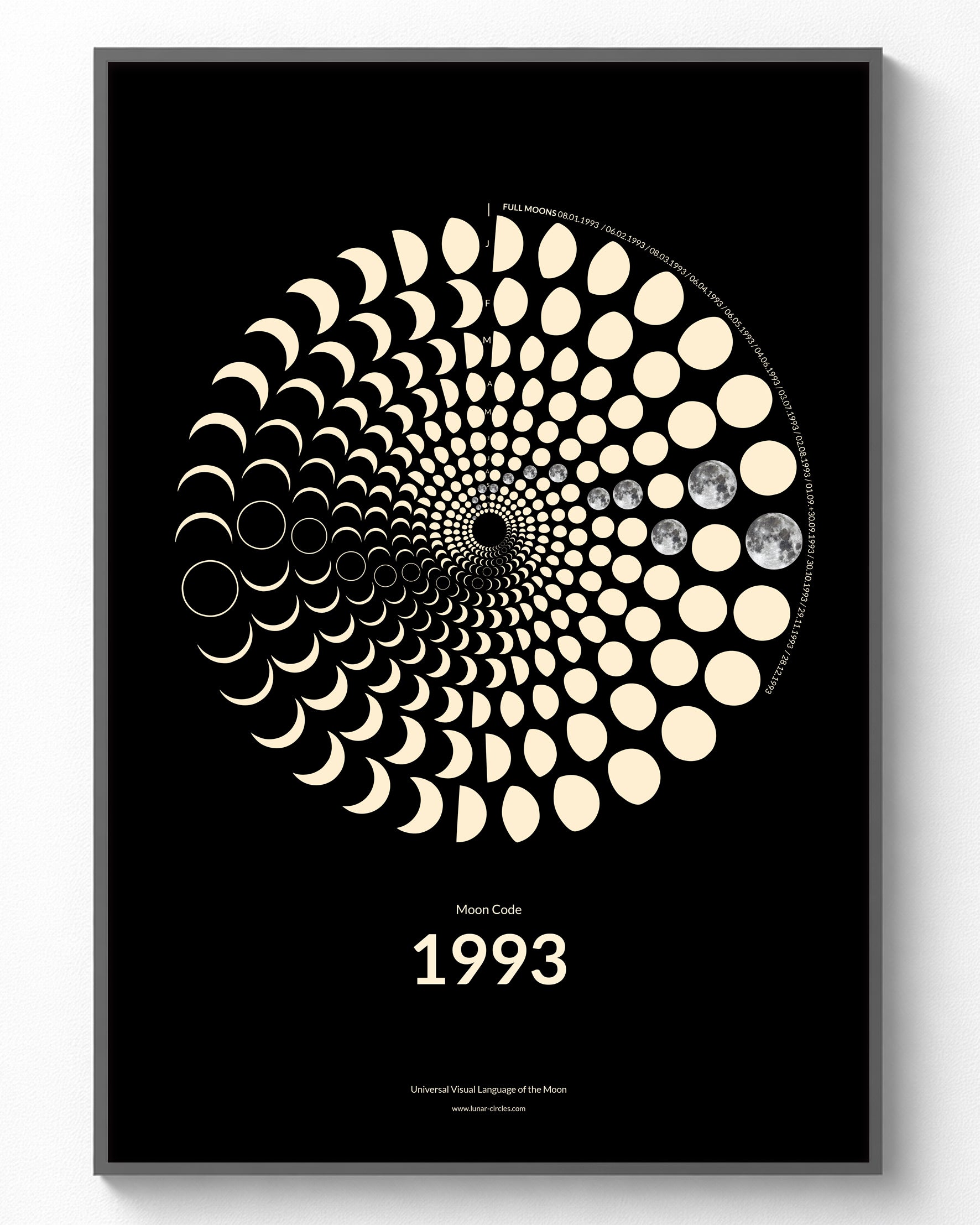 1993 Moon Code Poster im Rahmen – Minimalistisches Mondphasen Design für Geburtstag und Jahrestag