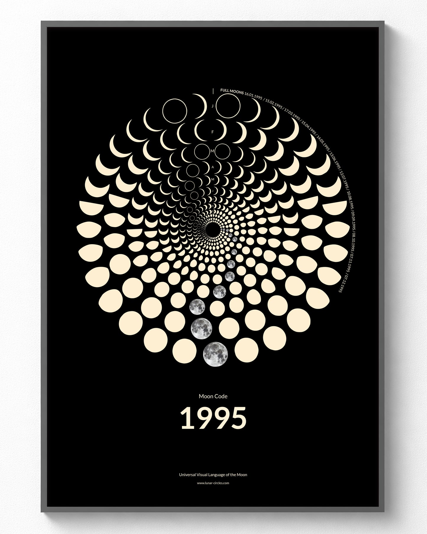 1995 Moon Code Poster im Rahmen – Minimalistische Mondphasen Wandkunst im A3 Format