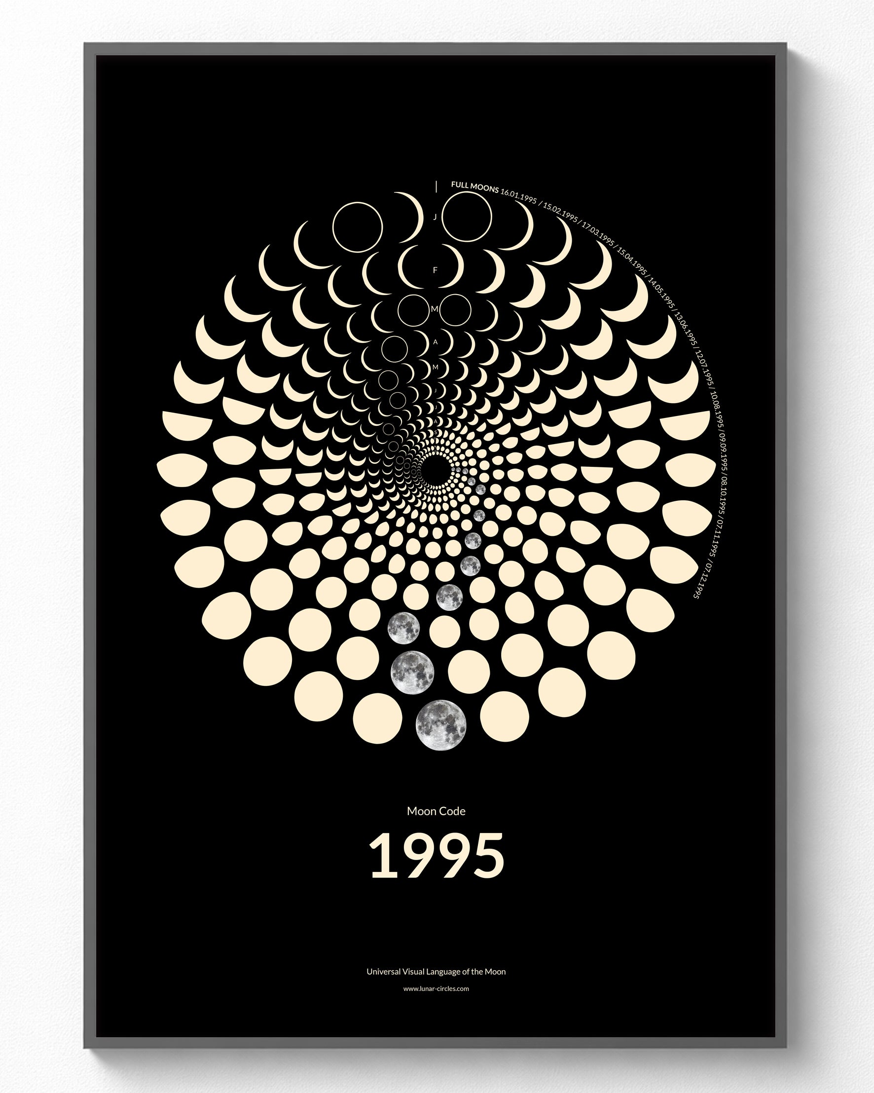 1995 Moon Code Poster im Rahmen – Minimalistische Mondphasen Wandkunst im A3 Format
