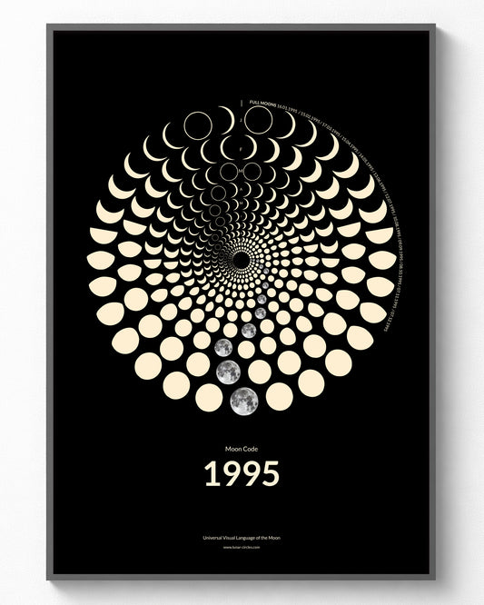 1995 Moon Code Poster im Rahmen – Minimalistische Mondphasen Wandkunst im A3 Format