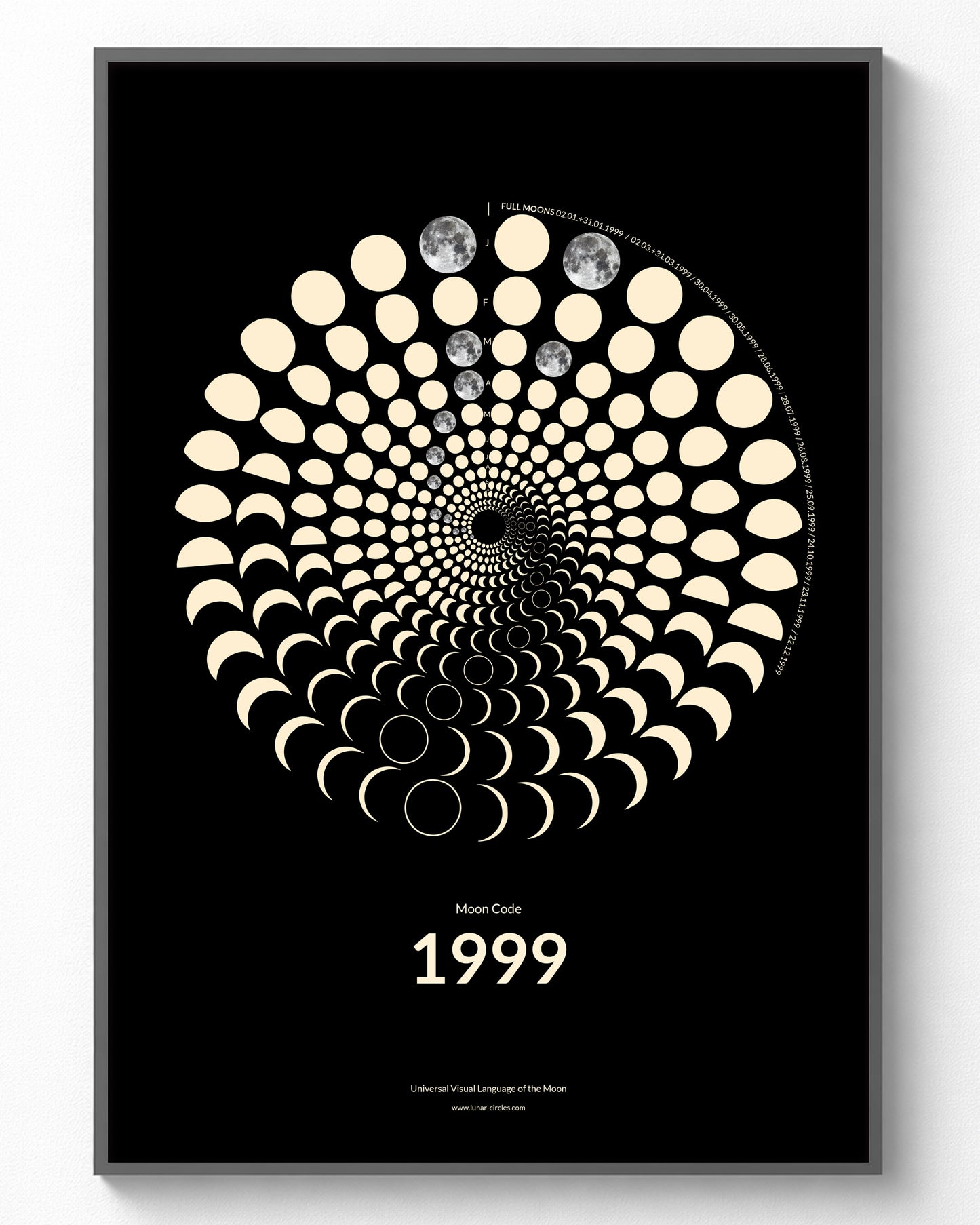 1999 Moon Code Poster im Rahmen – Minimalistische Mondphasen Wandkunst im A3 Format
