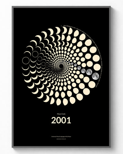 2001 Moon Code Poster im Rahmen – Minimalistische Mondphasen Wandkunst im A3 Format