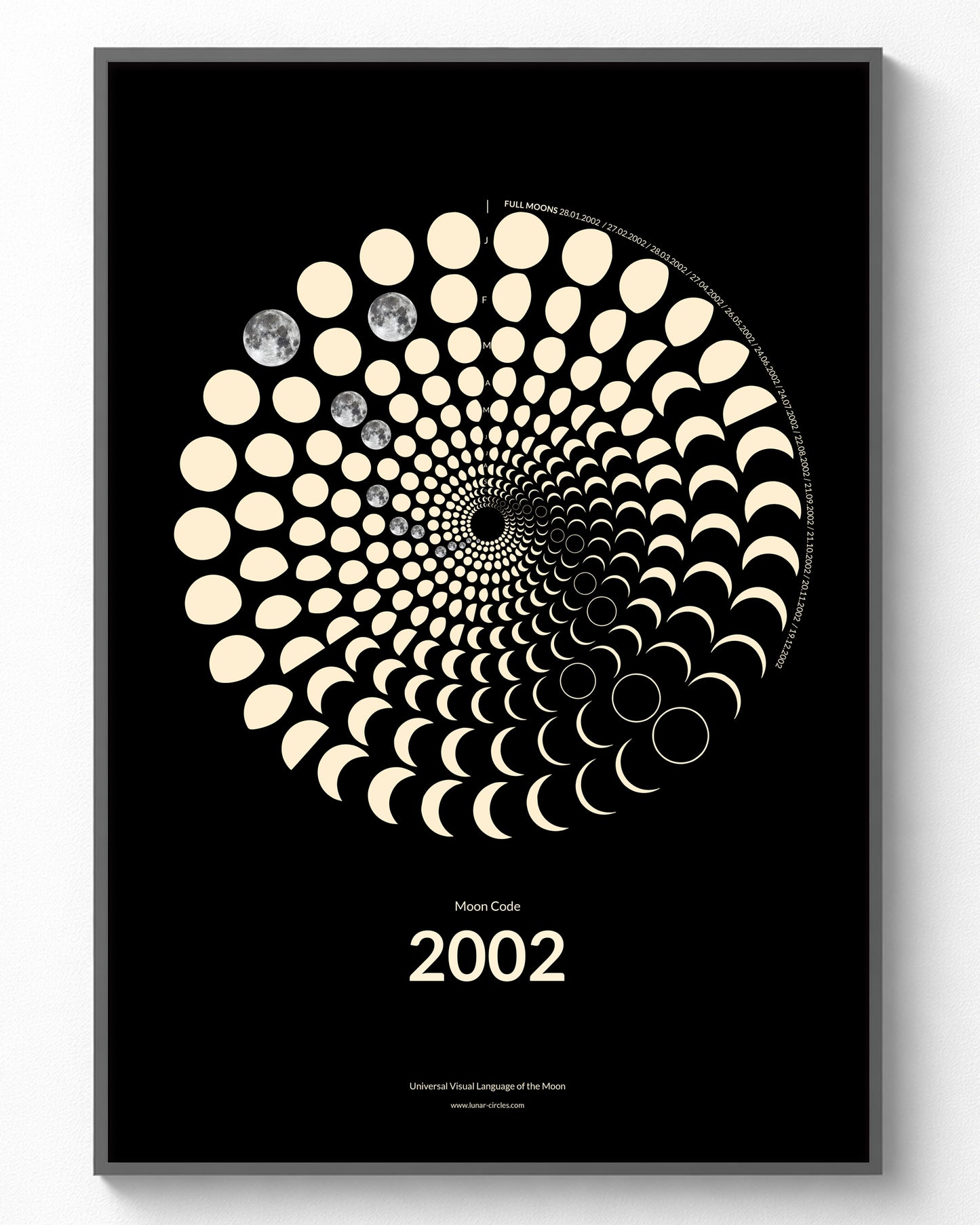 2002 Moon Code Poster im Rahmen – Minimalistische Mondphasen Wandkunst im A3 Format