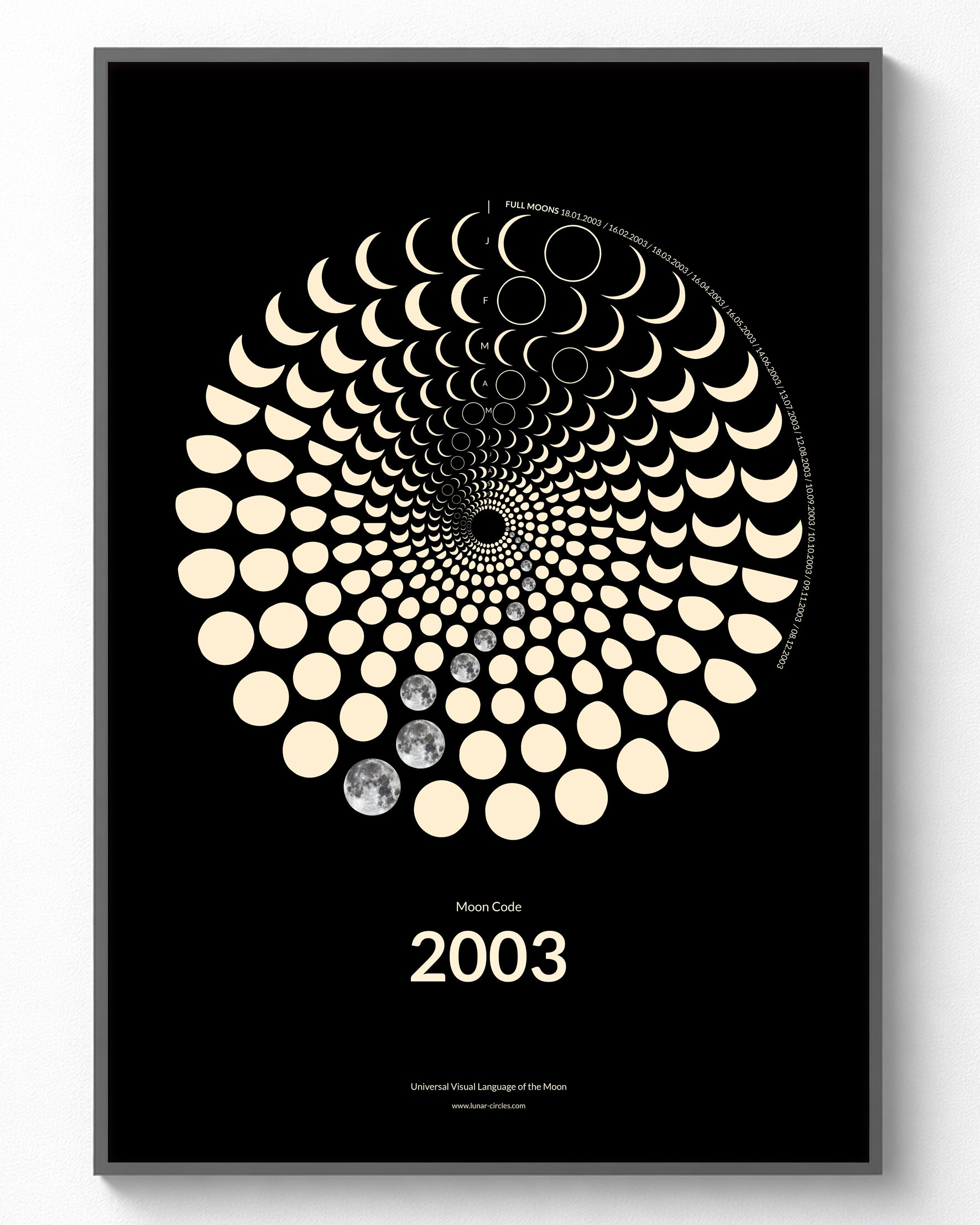 2003 Moon Code Poster im Rahmen – Minimalistische Mondphasen Wandkunst im A3 Format