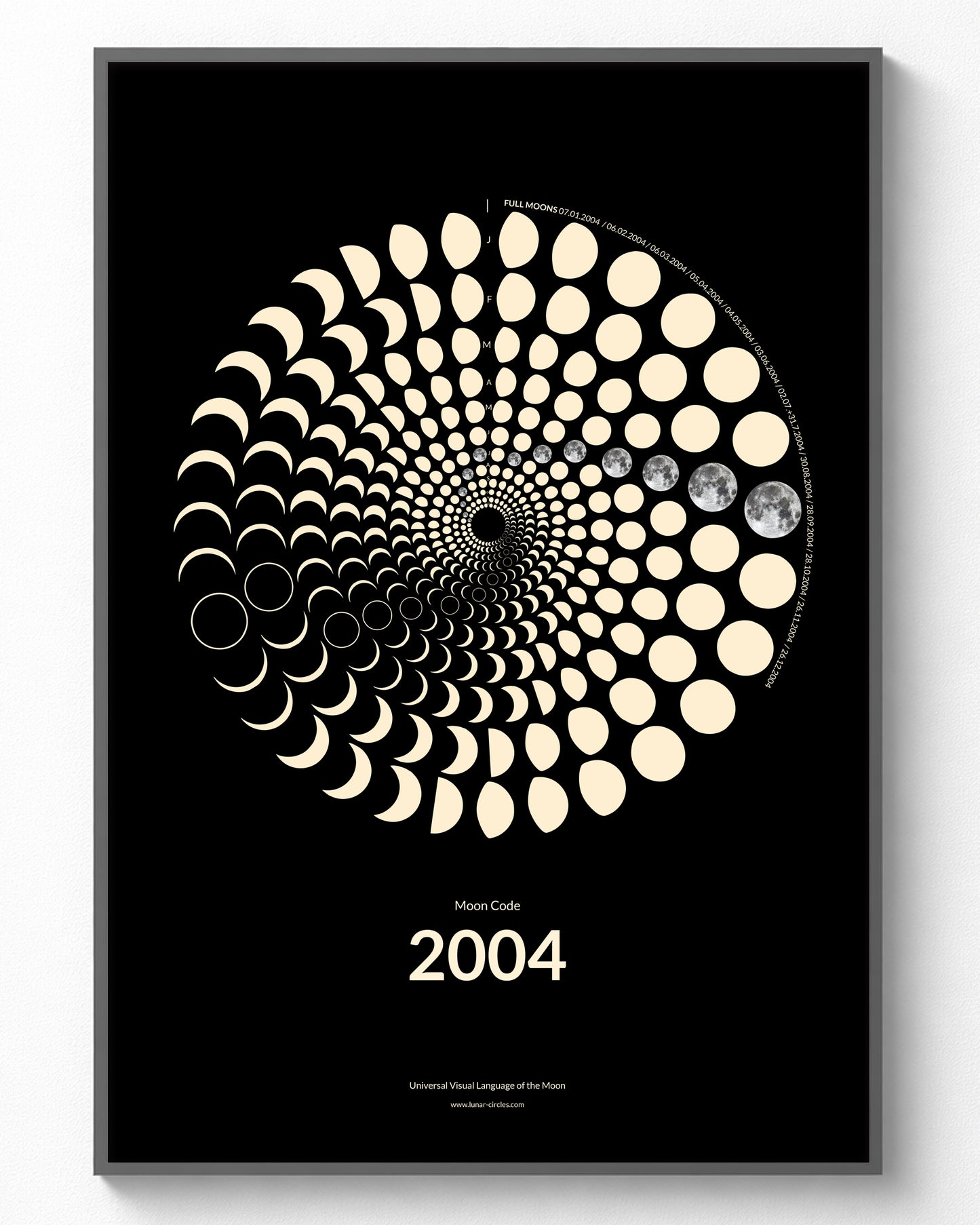 2004 Moon Code Poster im Rahmen – Minimalistische Mondphasen Wandkunst im A3 Format