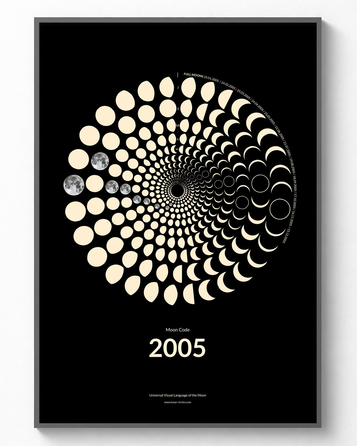 2005 Moon Code Poster im Rahmen – Minimalistische Mondphasen Wandkunst im A3 Format