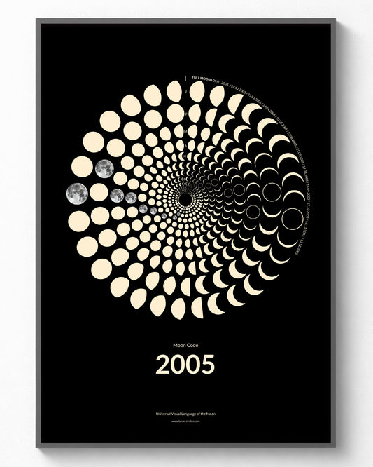 2005 Moon Code Poster im Rahmen – Minimalistische Mondphasen Wandkunst im A3 Format