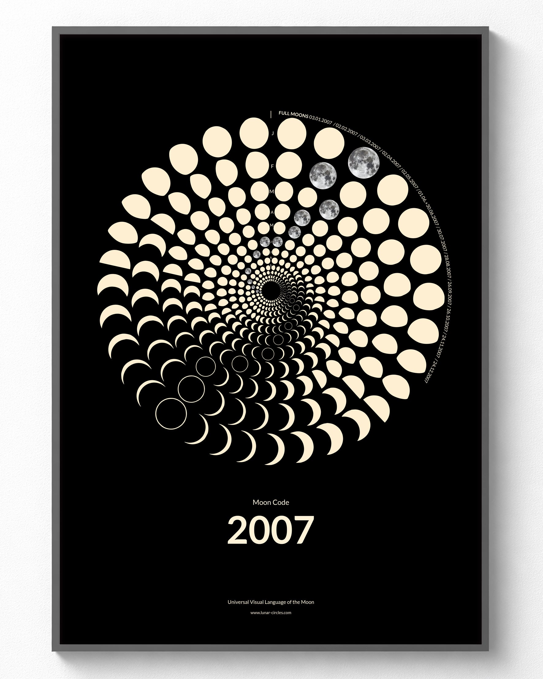 2007 Moon Code Poster im Rahmen – Minimalistische Mondphasen Wandkunst im A3 Format