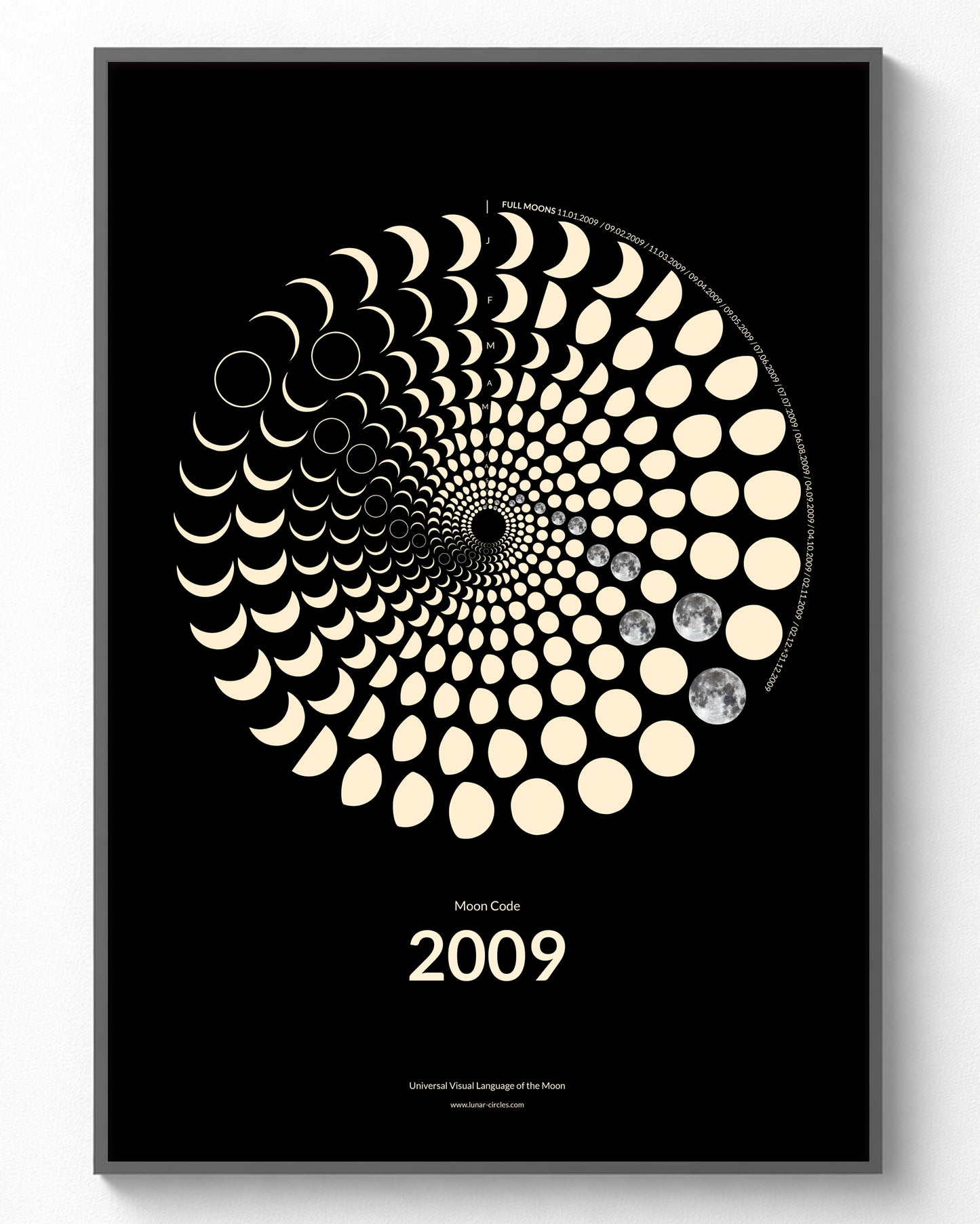 2009 Moon Code Poster im Rahmen – Minimalistische Mondphasen Wandkunst im A3 Format