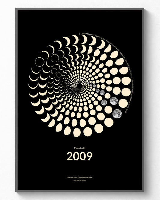 2009 Moon Code Poster im Rahmen – Minimalistische Mondphasen Wandkunst im A3 Format