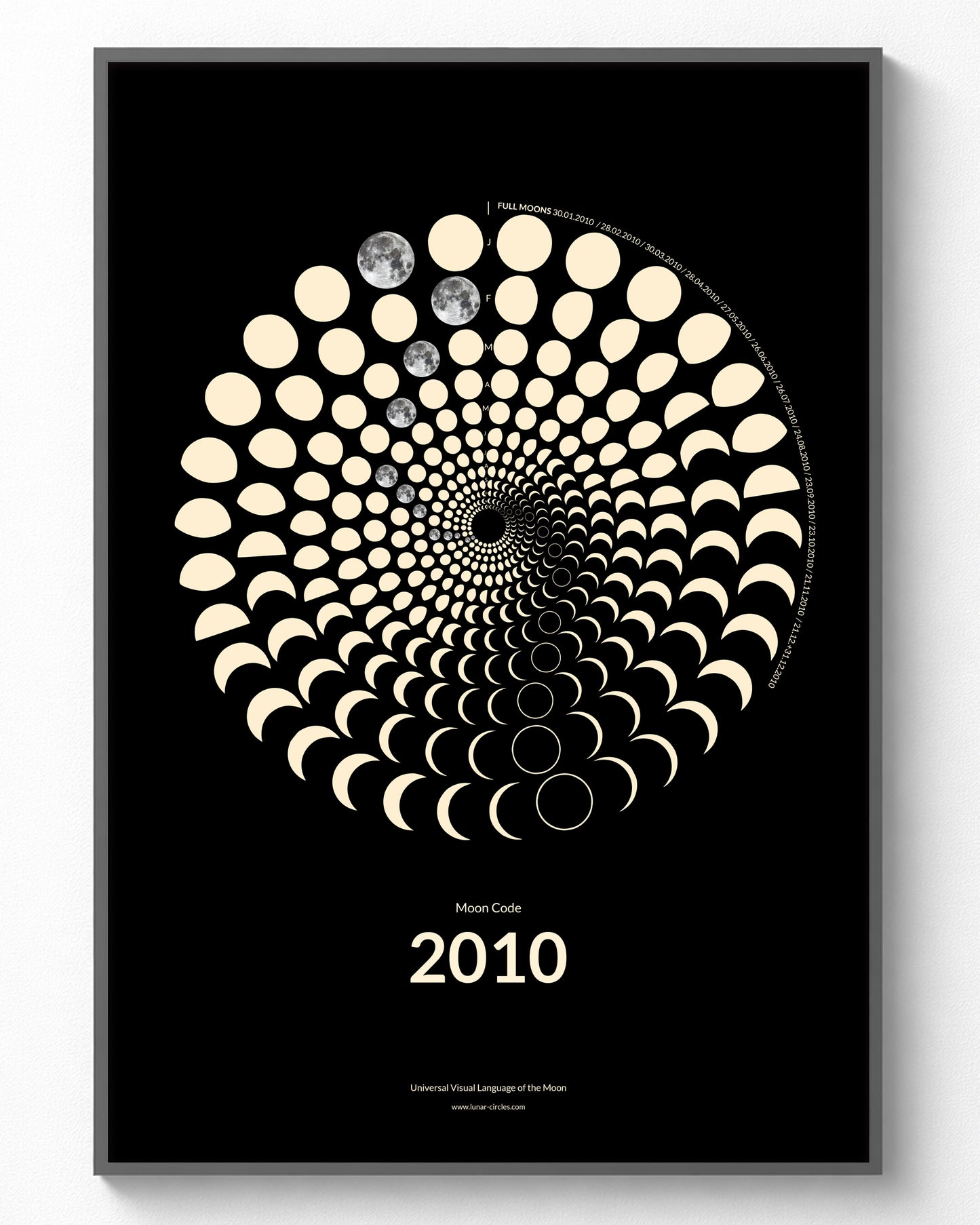 2010 Moon Code Poster im Rahmen – Minimalistische Mondphasen Wandkunst im A3 Format