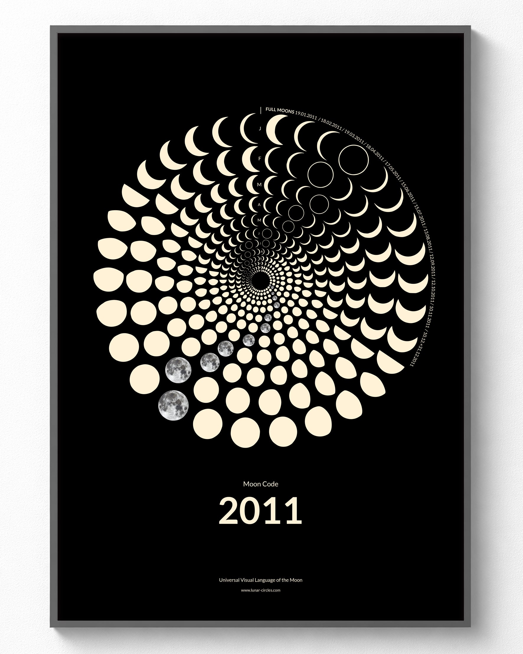 2011 Moon Code Poster im Rahmen – Minimalistische Mondphasen Wandkunst im A3 Format