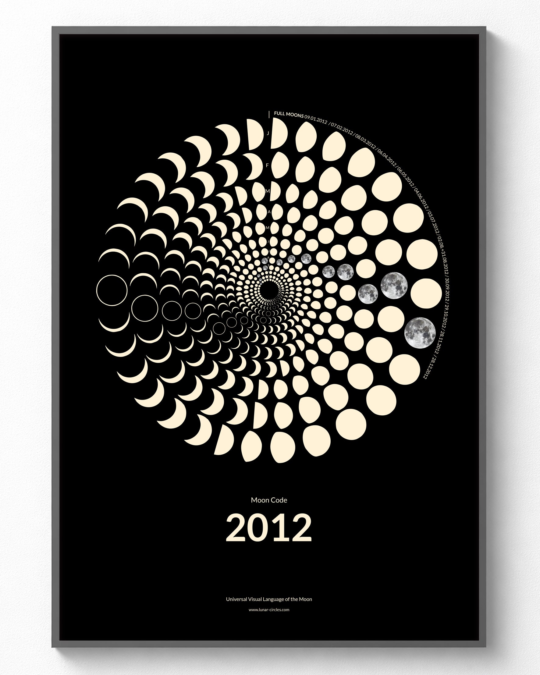2012 Moon Code Poster im Rahmen – Minimalistische Mondphasen Wandkunst im A3 Format